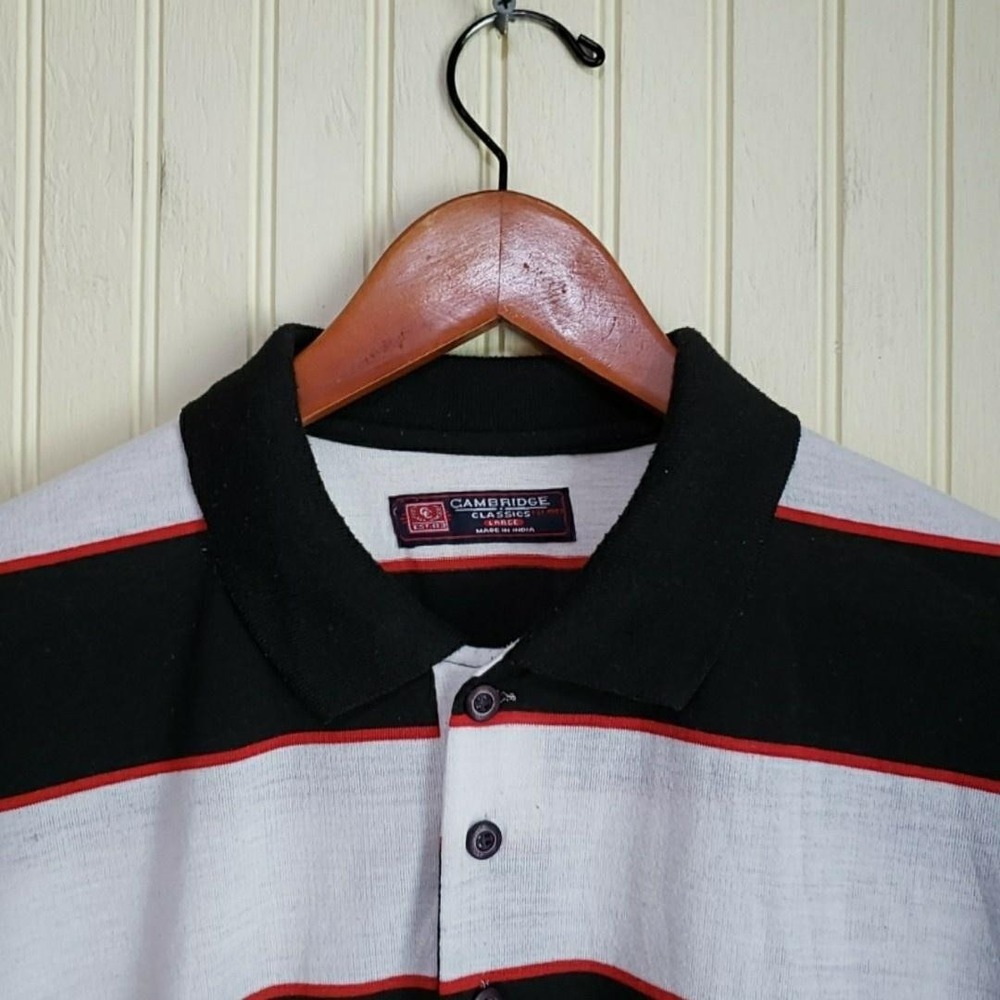 Cambridge Classics Polo Shirt Mens Large Black White Striped Short Sleeve Knit